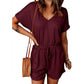 Women'S V-Neck Turned-Up Sleeve Pocket Jumpsuit