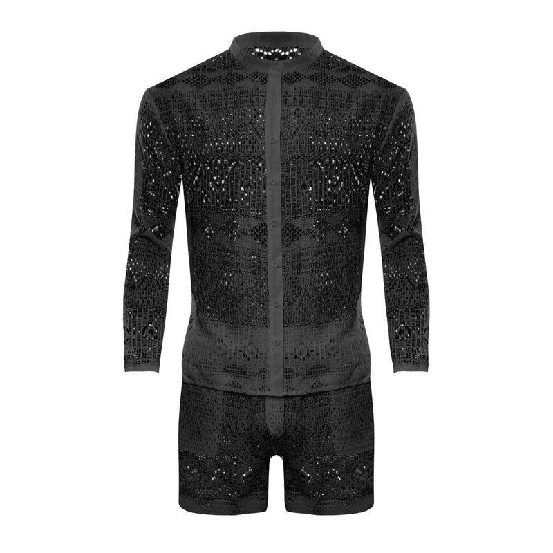 Hollow Long Sleeve Shirt Casual Shorts Fashion Men's Suit