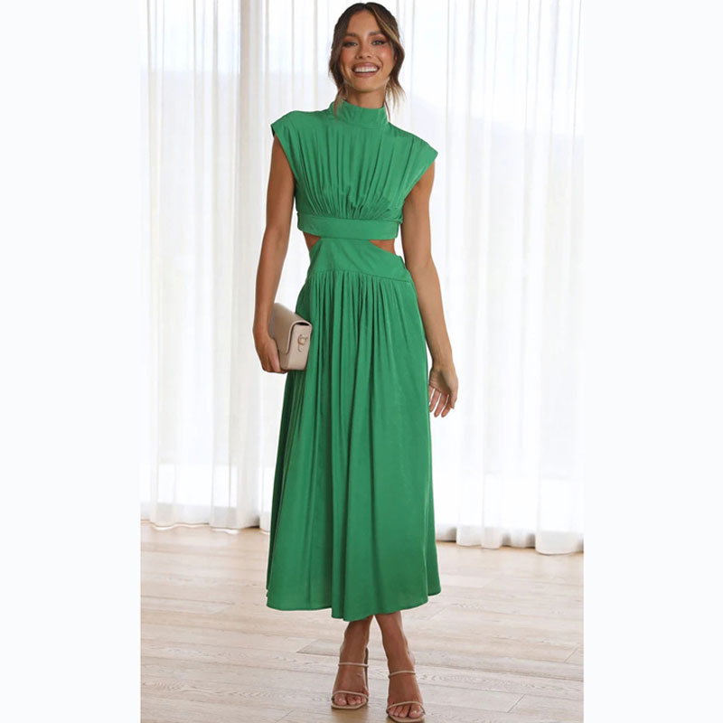 2023 Summer Models Stand Collar Macaroon Color Maxi Dresses