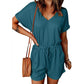 Women'S V-Neck Turned-Up Sleeve Pocket Jumpsuit