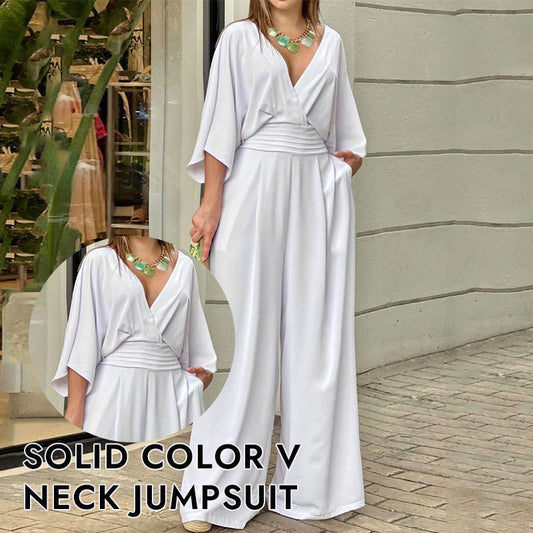 Solid Color V Neck Jumpsuit