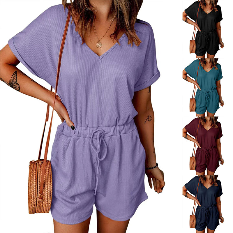 Women'S V-Neck Turned-Up Sleeve Pocket Jumpsuit