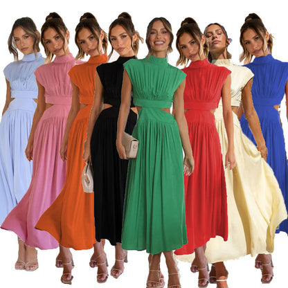 2023 Summer Models Stand Collar Macaroon Color Maxi Dresses