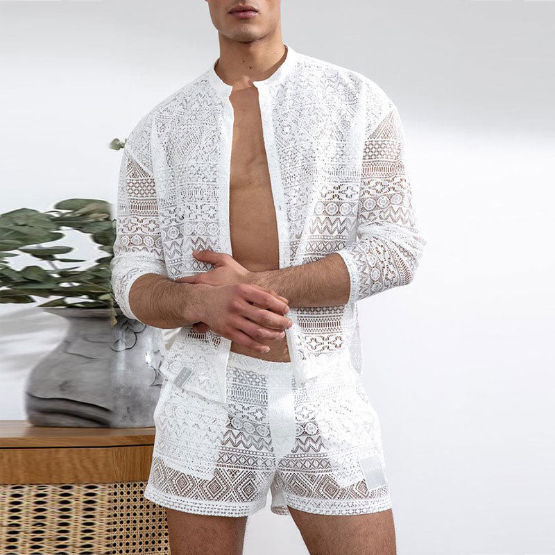 Hollow Long Sleeve Shirt Casual Shorts Fashion Men's Suit