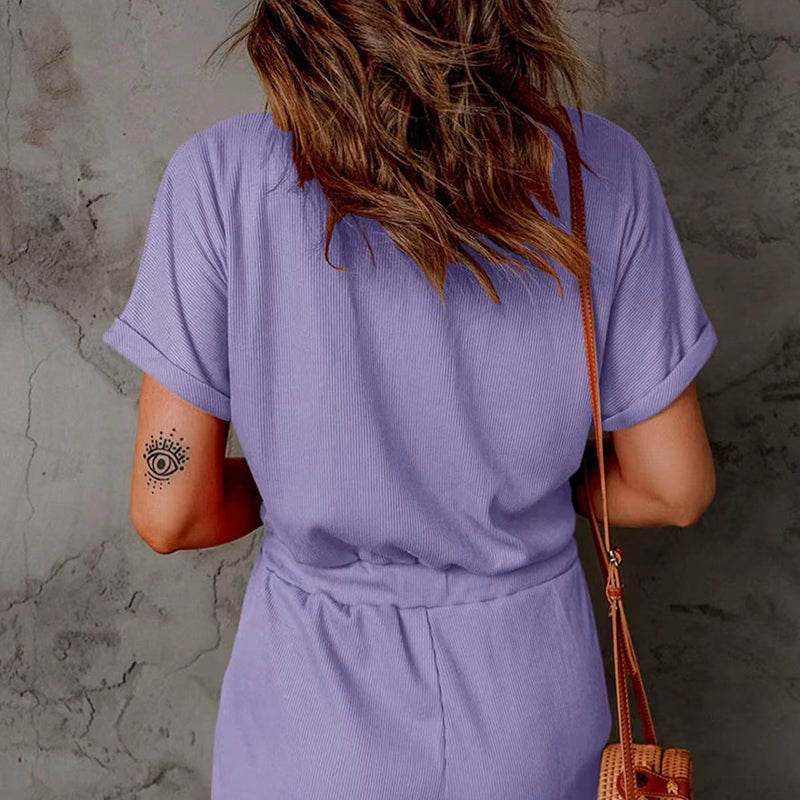 Women'S V-Neck Turned-Up Sleeve Pocket Jumpsuit