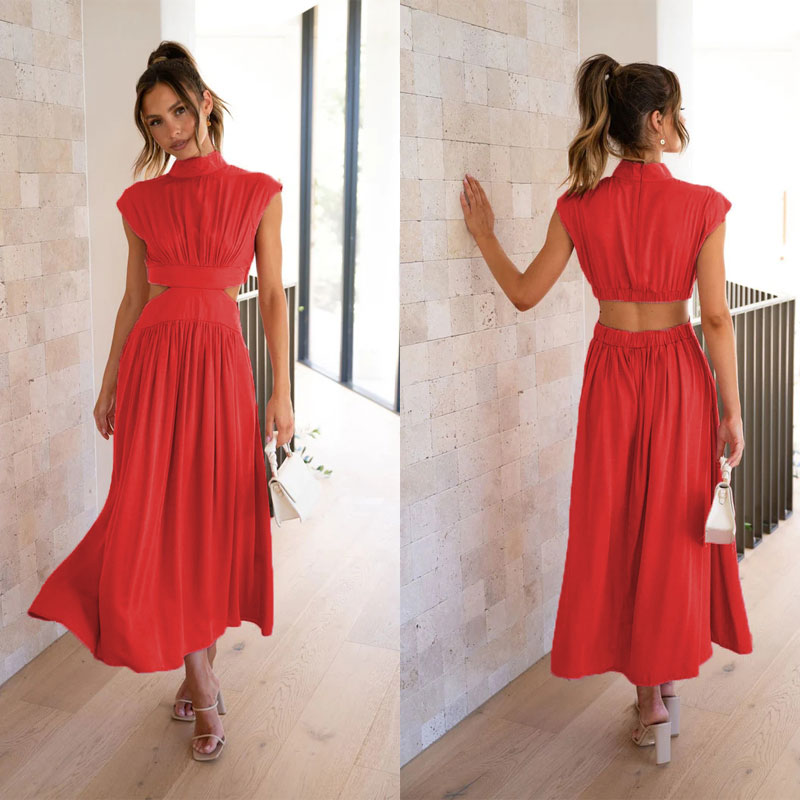 2023 Summer Models Stand Collar Macaroon Color Maxi Dresses