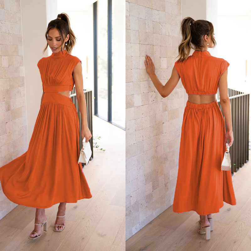 2023 Summer Models Stand Collar Macaroon Color Maxi Dresses