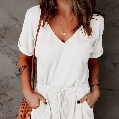 Women'S V-Neck Turned-Up Sleeve Pocket Jumpsuit