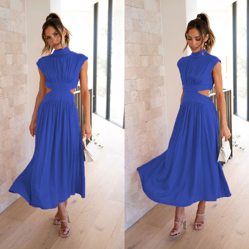 2023 Summer Models Stand Collar Macaroon Color Maxi Dresses