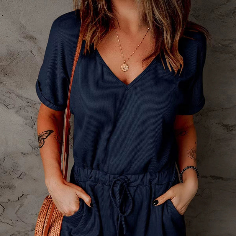 Women'S V-Neck Turned-Up Sleeve Pocket Jumpsuit