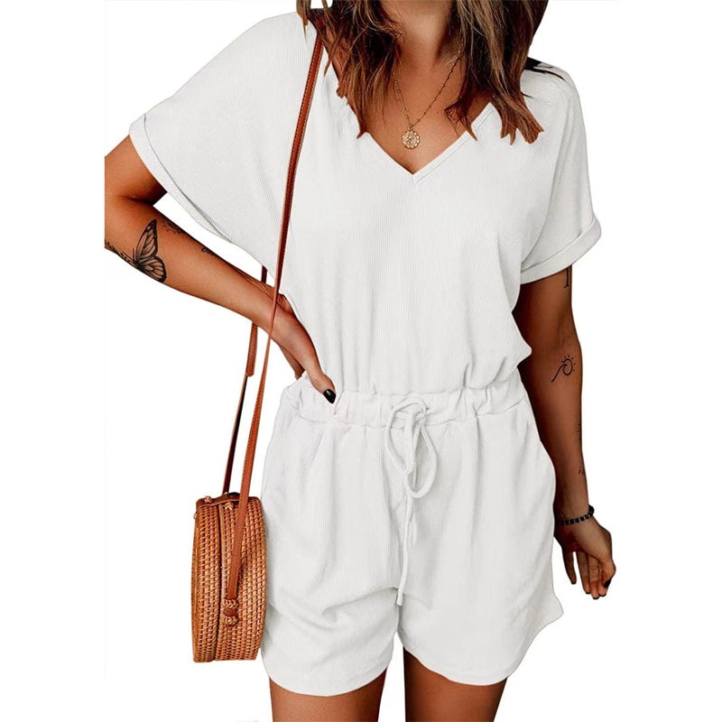 Women'S V-Neck Turned-Up Sleeve Pocket Jumpsuit