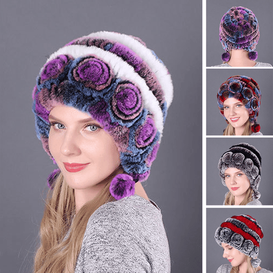 Lady Warm Flowers Striped Real Rex Rabbit Fur Hats