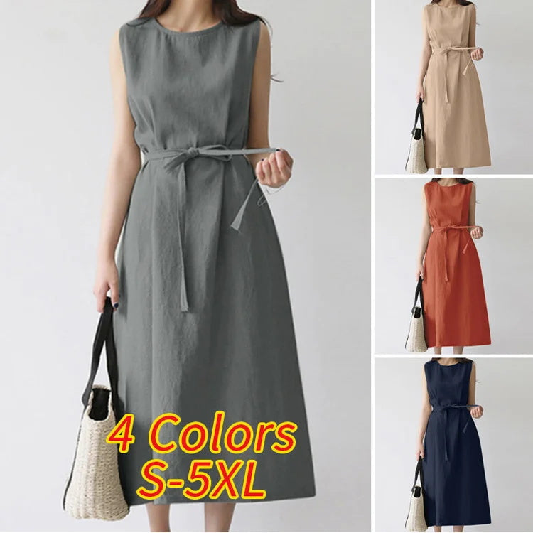 Round Neck Solid Color Cotton Linen Long Dress With Belt