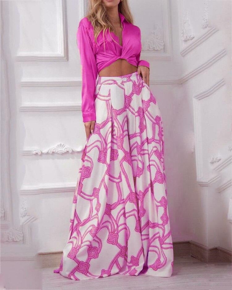 Casual Two-Piece Set With Lapel Solid Color Top & Rope Print Trousers