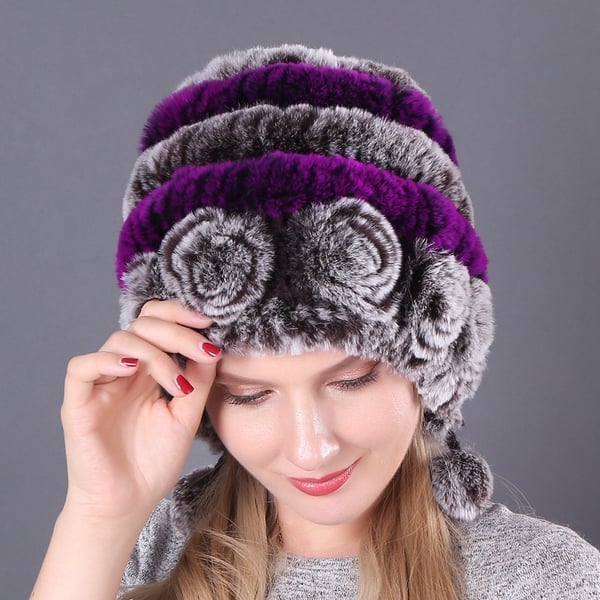 Lady Warm Flowers Striped Real Rex Rabbit Fur Hats