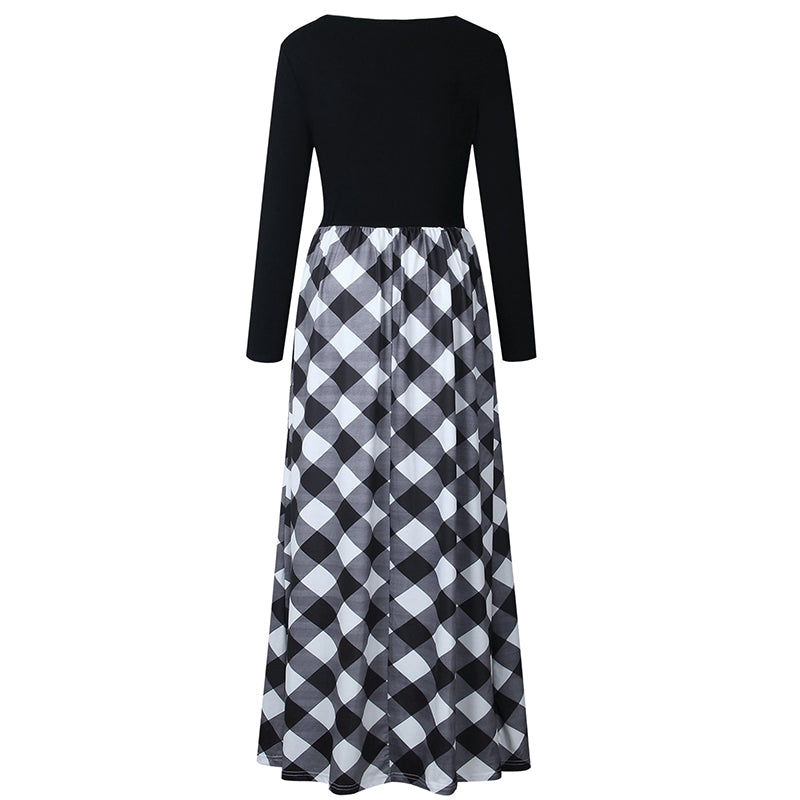 Women's Plaid Long Sleeve Empire Waist Full Length Maxi Dress