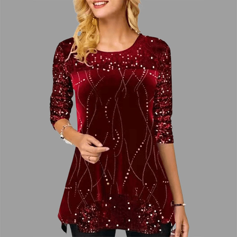 Round Neck Sequin Print Irregular Hem Women's Long Sleeve Tops