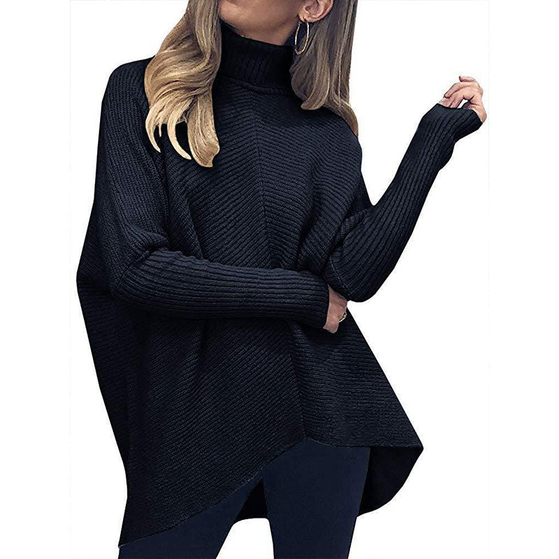 Womens Turtleneck Long Batwing Sleeve Asymmetric Hem Casual Pullover Sweater