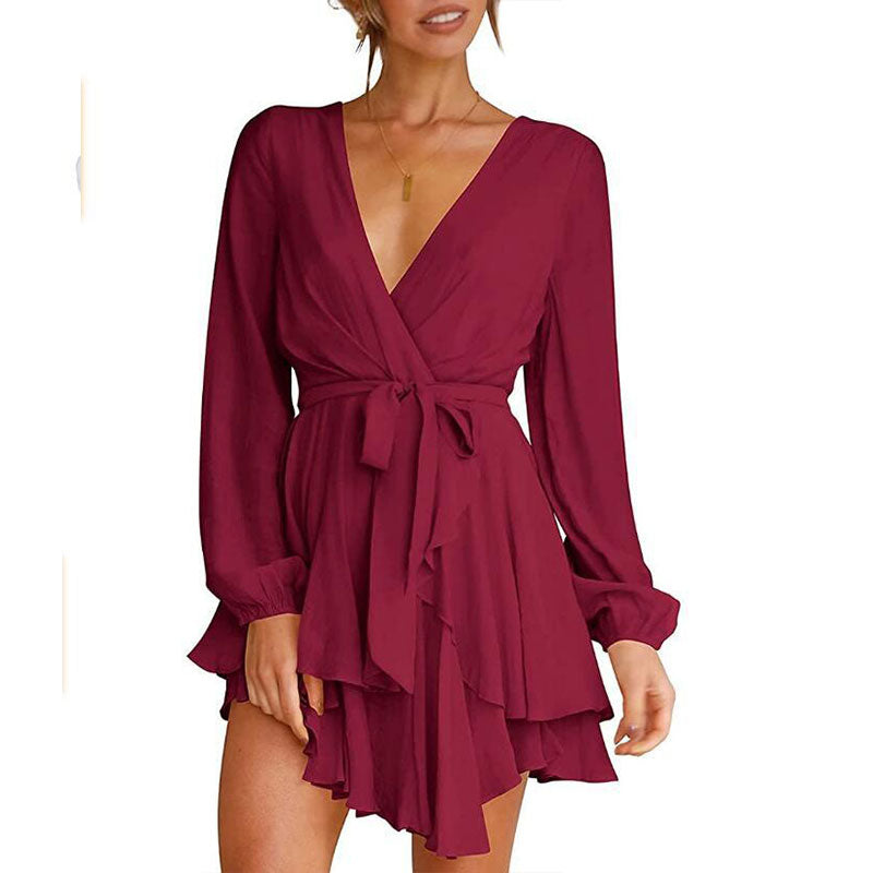 Women's Dress Deep V-Neck Long Sleeve Waist Tie Ruffle Mini Swing Skater Dresses