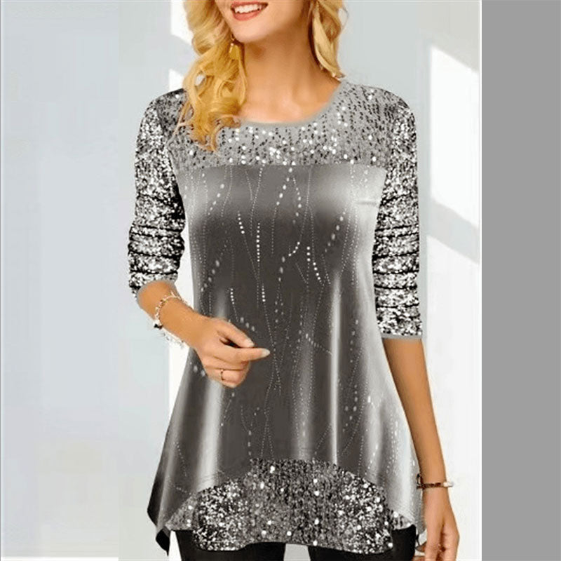 Round Neck Sequin Print Irregular Hem Women's Long Sleeve Tops