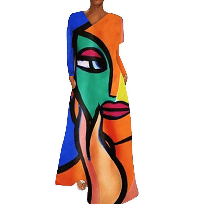 Portrait Print V-Neck Maxi Dress