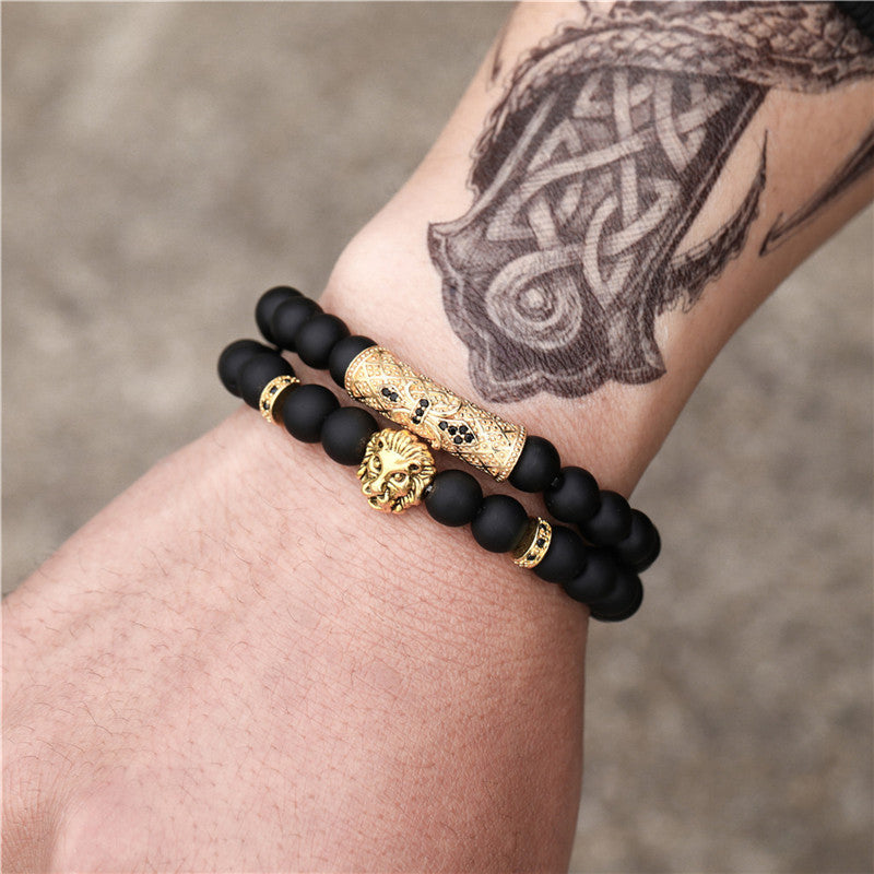 Brushed Stone Alloy Lion Head Stretch Bracelet