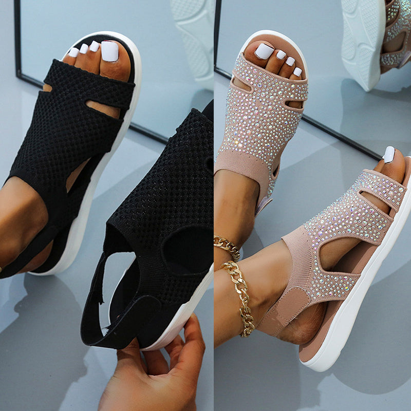 Women Rhinestone Slip-on Stretchable Platform Sandals