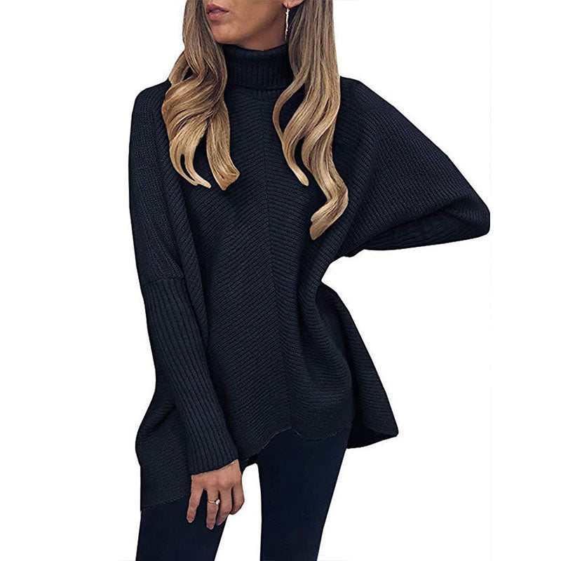 Womens Turtleneck Long Batwing Sleeve Asymmetric Hem Casual Pullover Sweater