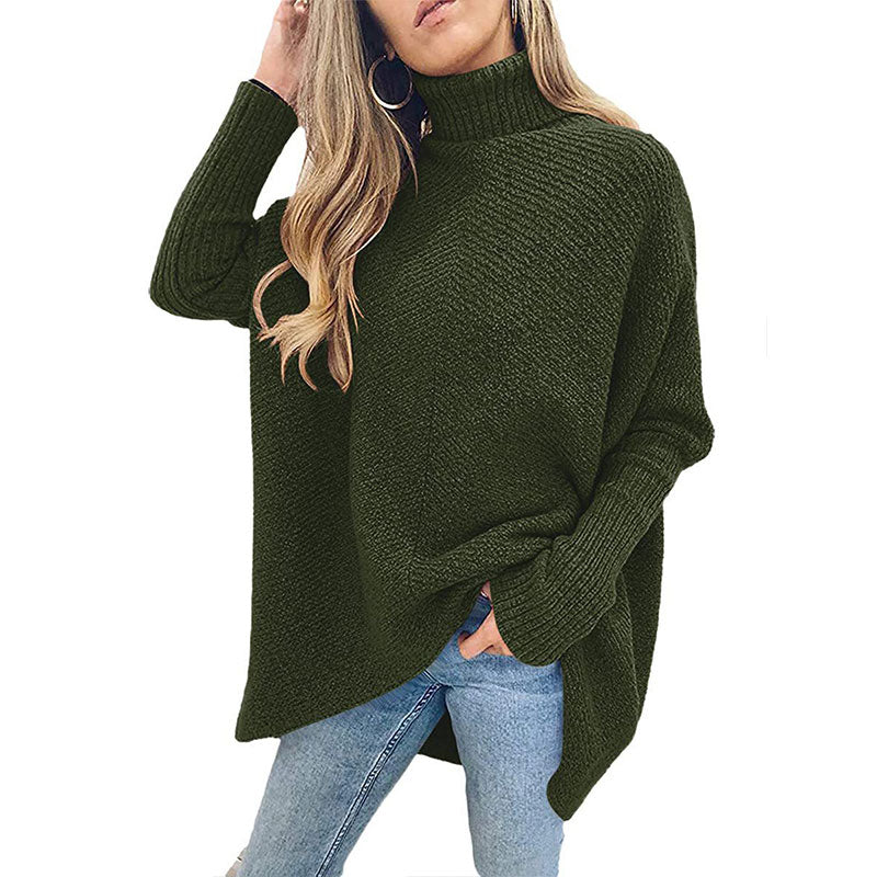 Womens Turtleneck Long Batwing Sleeve Asymmetric Hem Casual Pullover Sweater