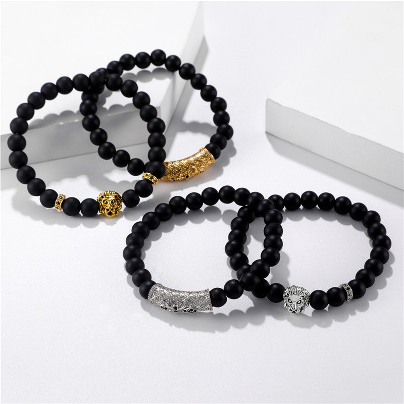 Brushed Stone Alloy Lion Head Stretch Bracelet