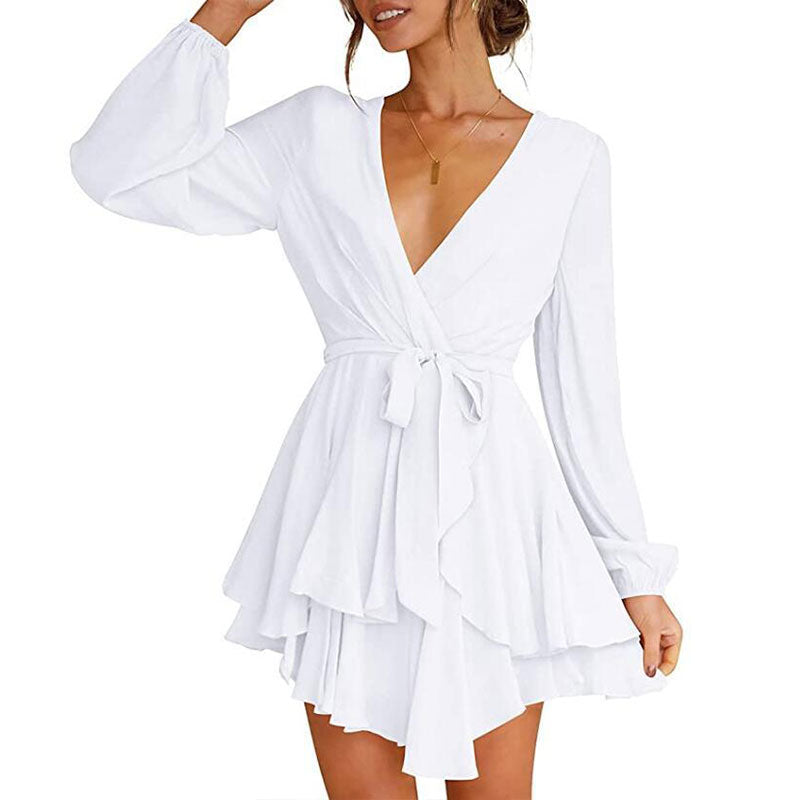 Women's Dress Deep V-Neck Long Sleeve Waist Tie Ruffle Mini Swing Skater Dresses