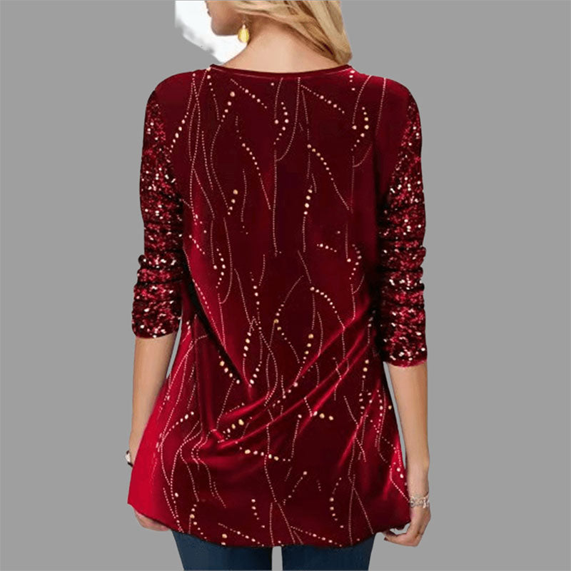 Round Neck Sequin Print Irregular Hem Women's Long Sleeve Tops