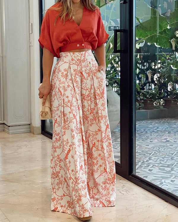 Crop Top Blouse and Wide Leg Printed Pants 2 Pieces Set