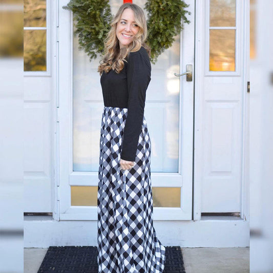 Women's Plaid Long Sleeve Empire Waist Full Length Maxi Dress