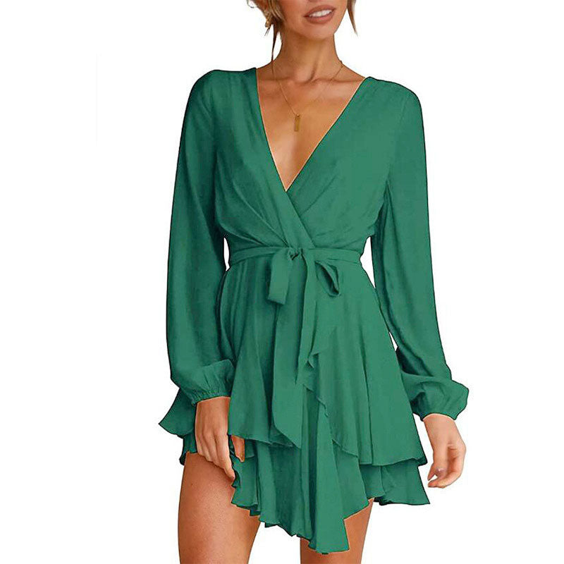 Women's Dress Deep V-Neck Long Sleeve Waist Tie Ruffle Mini Swing Skater Dresses