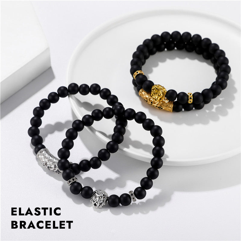 Brushed Stone Alloy Lion Head Stretch Bracelet