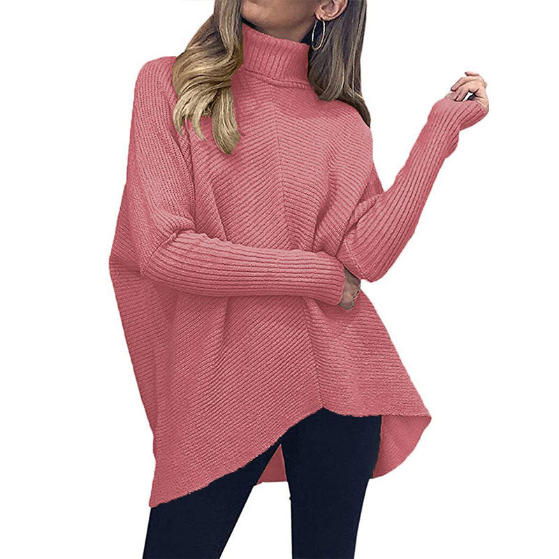 Womens Turtleneck Long Batwing Sleeve Asymmetric Hem Casual Pullover Sweater