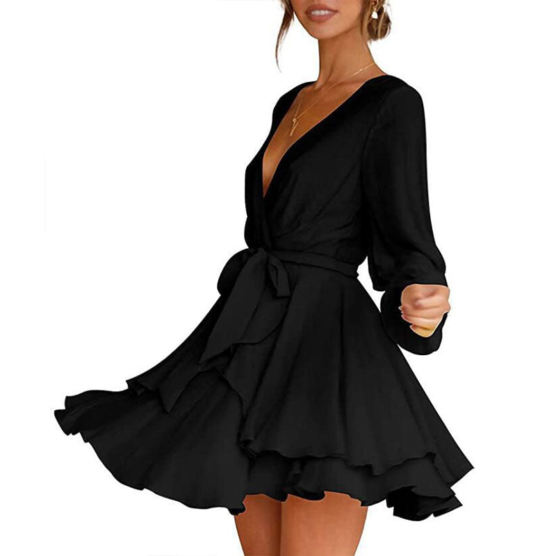 Women's Dress Deep V-Neck Long Sleeve Waist Tie Ruffle Mini Swing Skater Dresses