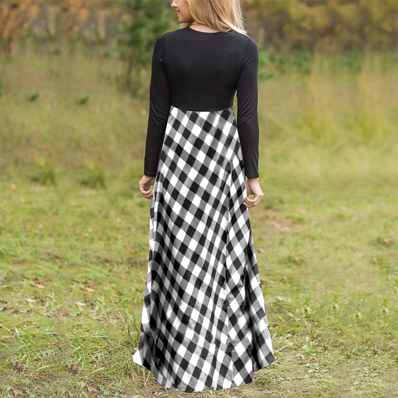 Women's Plaid Long Sleeve Empire Waist Full Length Maxi Dress