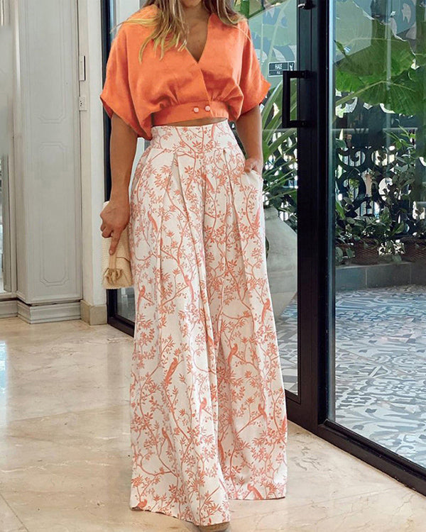 Crop Top Blouse and Wide Leg Printed Pants 2 Pieces Set