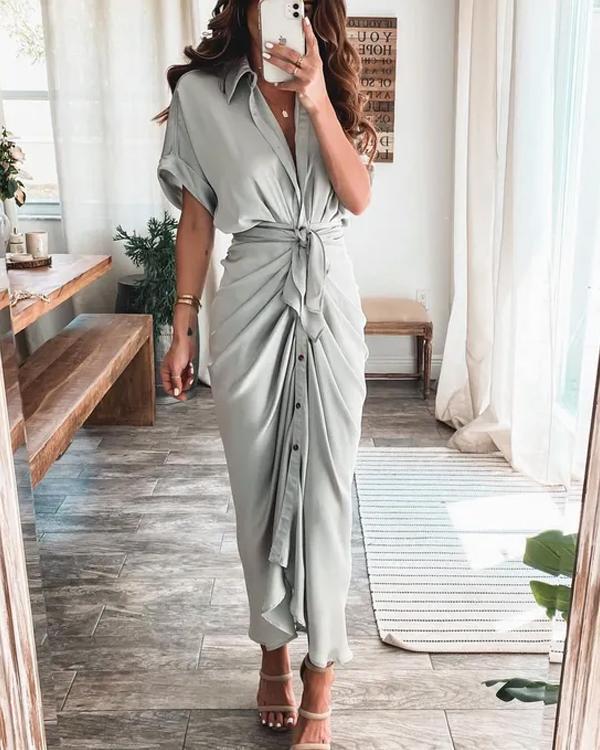 Shirt Collar Wrap Satin Button Down Dress