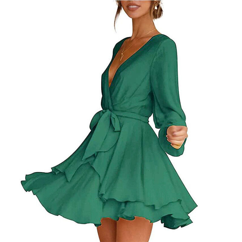 Women's Dress Deep V-Neck Long Sleeve Waist Tie Ruffle Mini Swing Skater Dresses