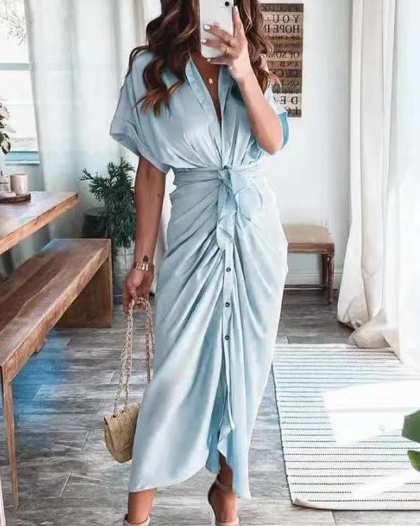 Shirt Collar Wrap Satin Button Down Dress