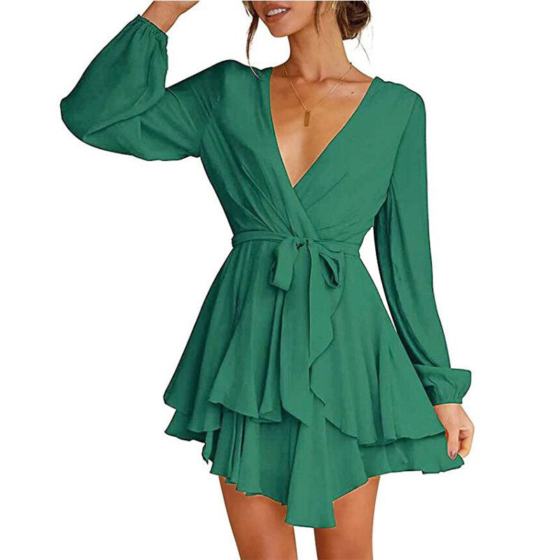 Women's Dress Deep V-Neck Long Sleeve Waist Tie Ruffle Mini Swing Skater Dresses