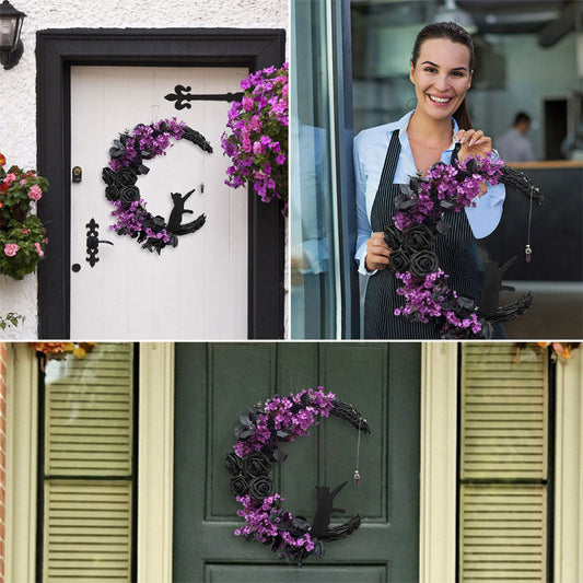 Halloween Black Rose Crescent Cat Wreath