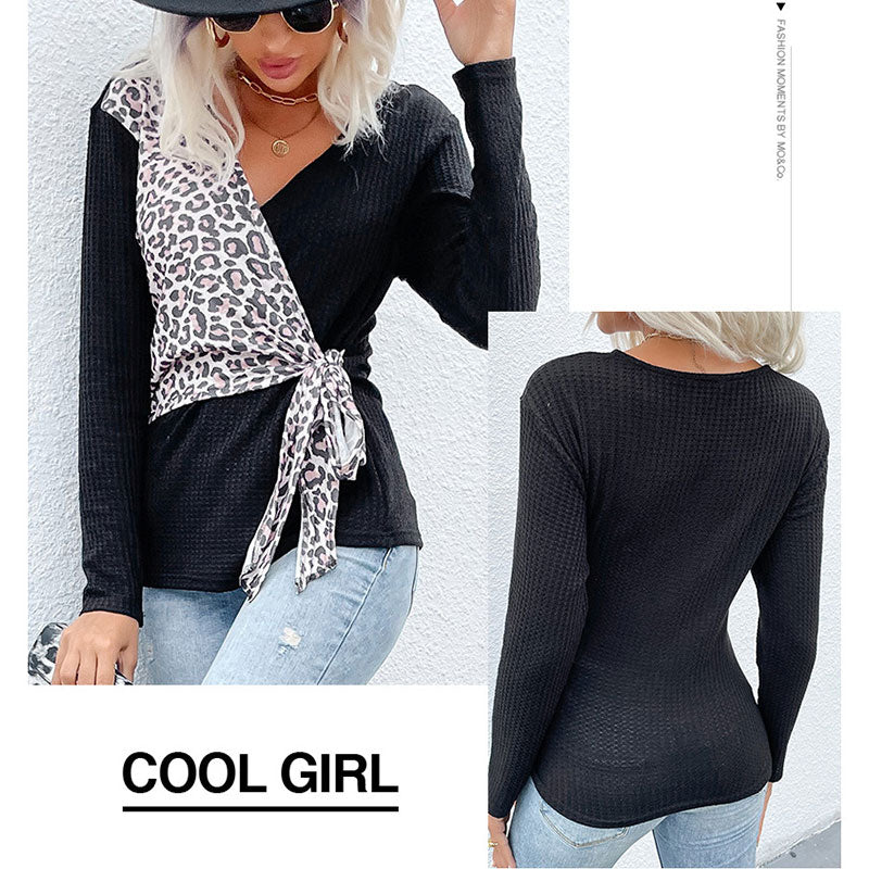 Leopard Print Stitching Long-sleeved T-shirt