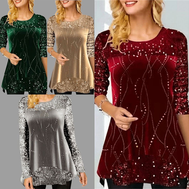 Round Neck Sequin Print Irregular Hem Women's Long Sleeve Tops