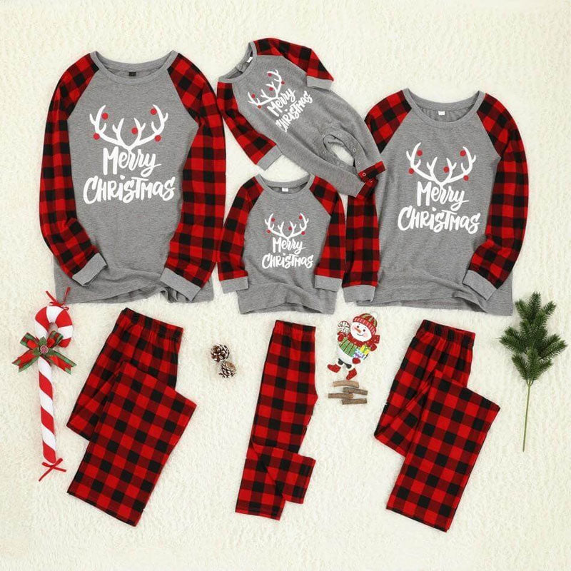 Merry Christmas Antler Letter Print Buffalo Plaid Design Family Matching Pajamas Sets