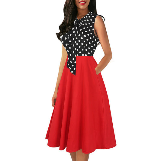 Women's Vintage Bow Tie V-Neck Pockets Casual Work Party Cocktail Swing A-line Dresses