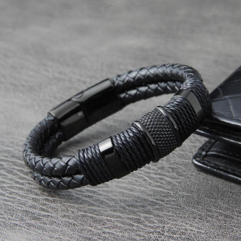 All Black Leather & Stainless Steel Bracelet